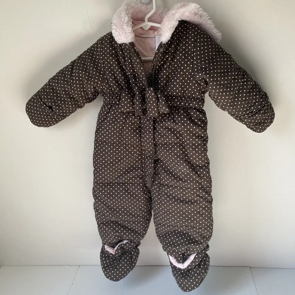 First Impressions‎ one piece polka dot snowsuit hooded fauxfur pink/brown 6-9m